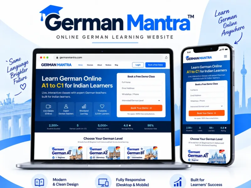 German Mantra — Web Development by DWM, shown on desktop and mobile