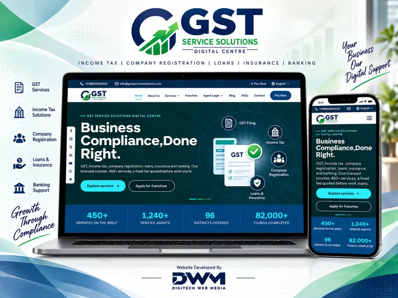 GST Service Solutions website designed and developed by DWM, shown on laptop and mobile