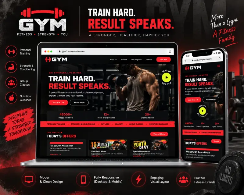 GYM Fitness Website website designed and developed by DWM, shown on laptop and mobile