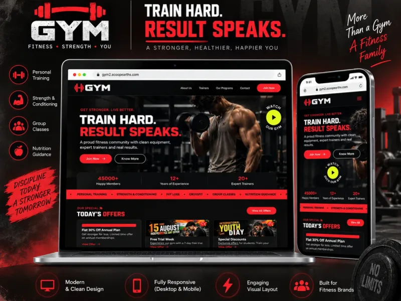 GYM Fitness Website — Web Development by DWM, shown on desktop and mobile