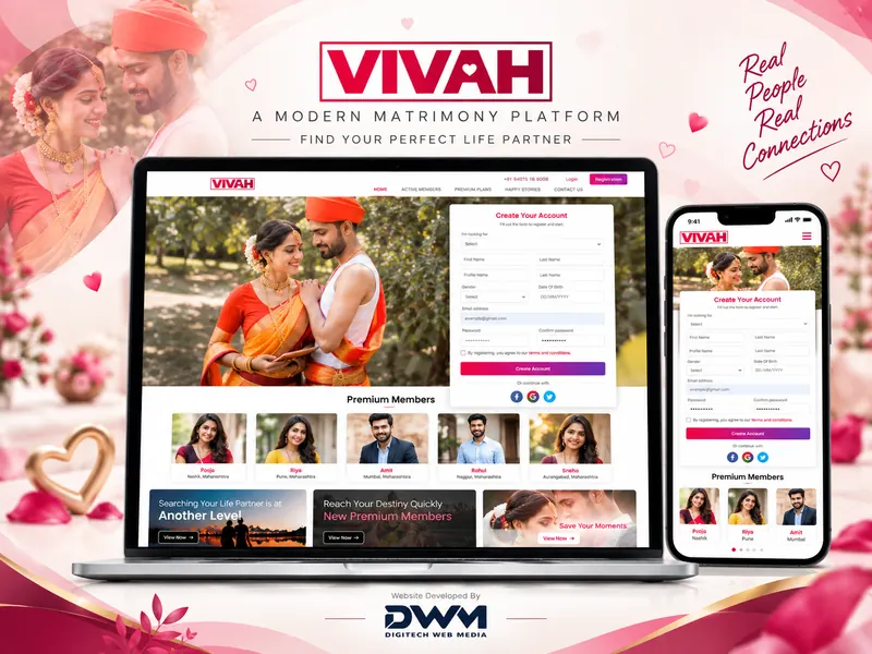 Vivah — Matrimony Platform website designed and developed by DWM, shown on laptop and mobile
